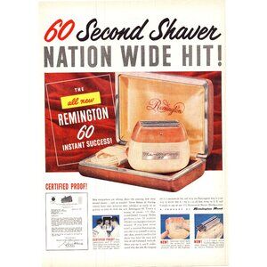 1951 Remington 60 Electric Shaver Razor Vintage Print Ad Men's Grooming Wall Art